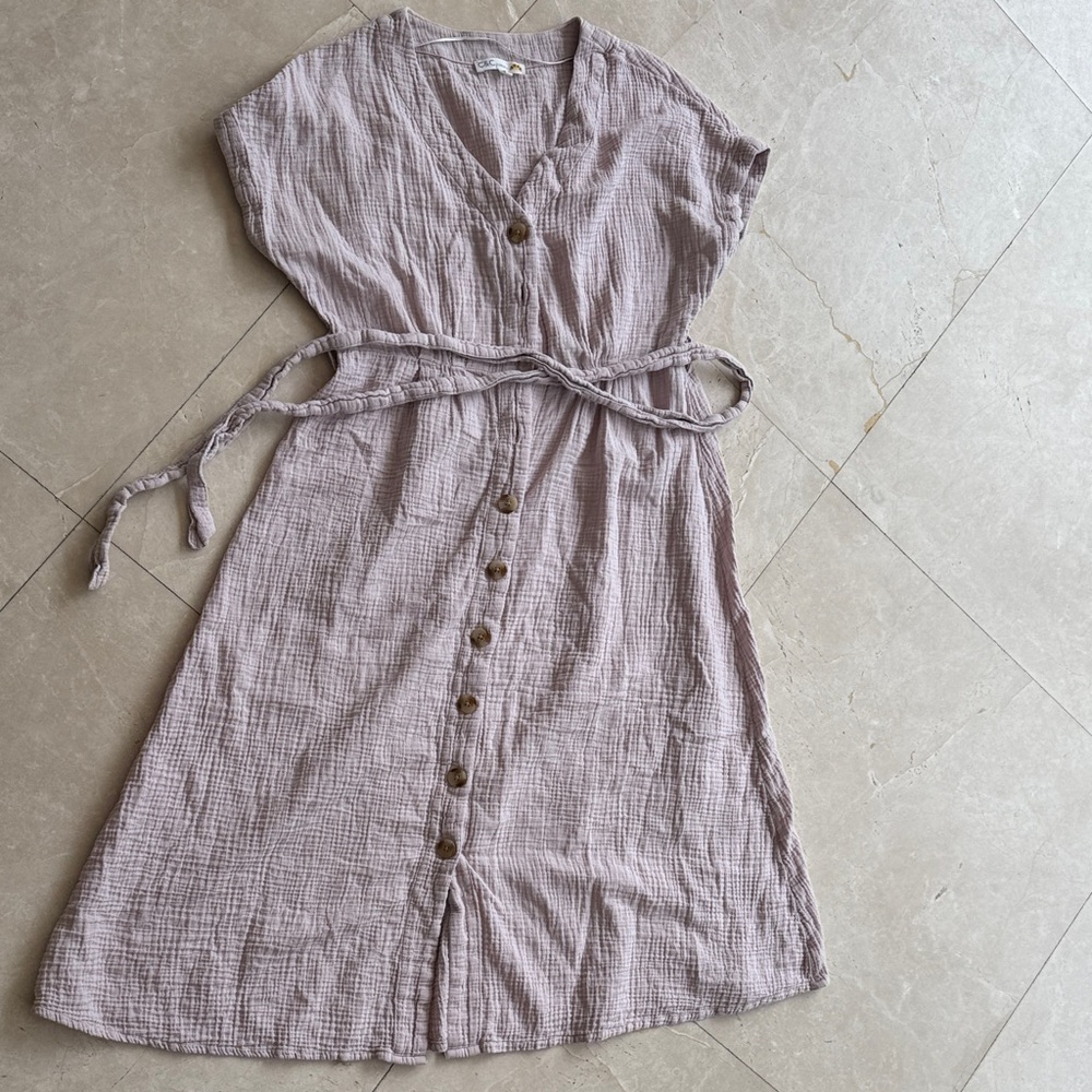 C&C California - Light Mauve Button-Front Cotton Dress with Tie Waist
